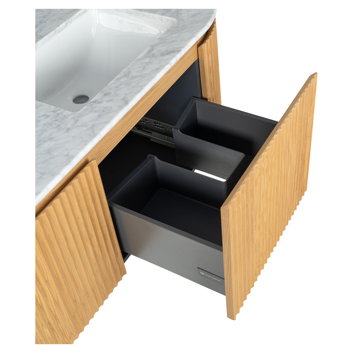 Cadence 1500mm Carrara Marble Top Wall Hung Vanity, White Oak