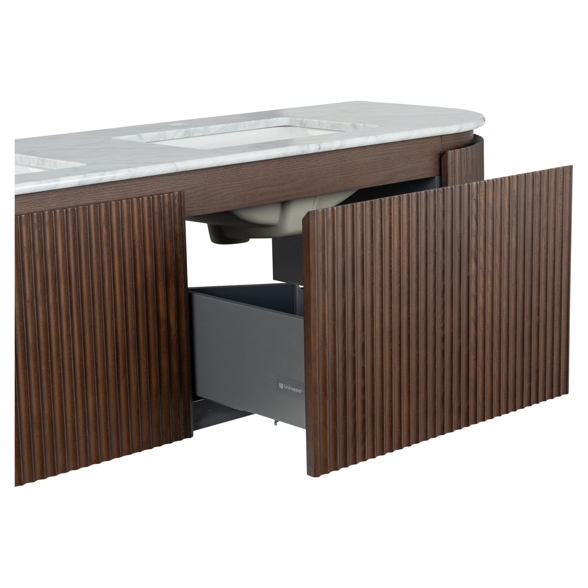 Cadence 1800mm Carrara Marble Top Wall Hung Vanity, Walnut