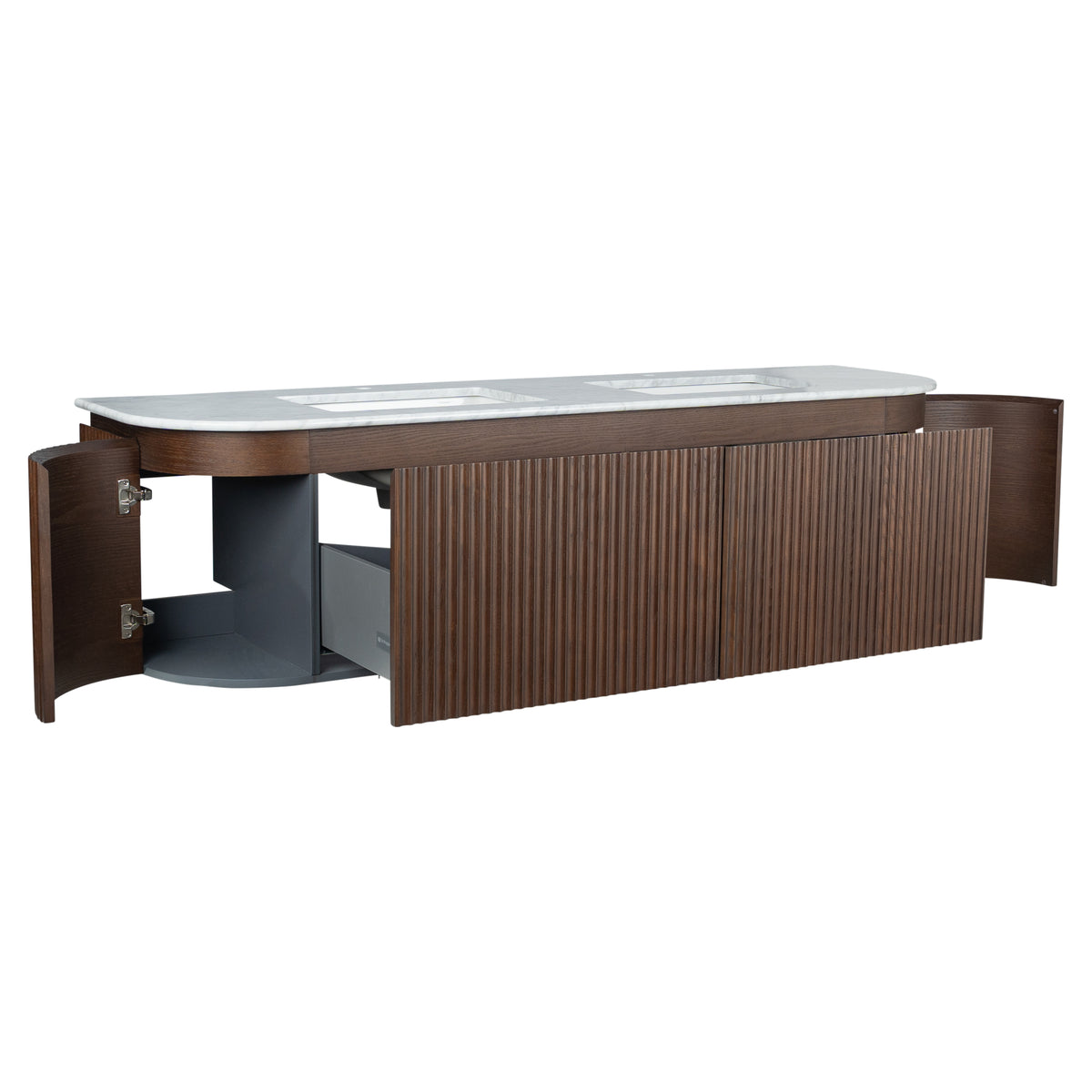 Cadence 1800mm Carrara Marble Top Wall Hung Vanity, Walnut