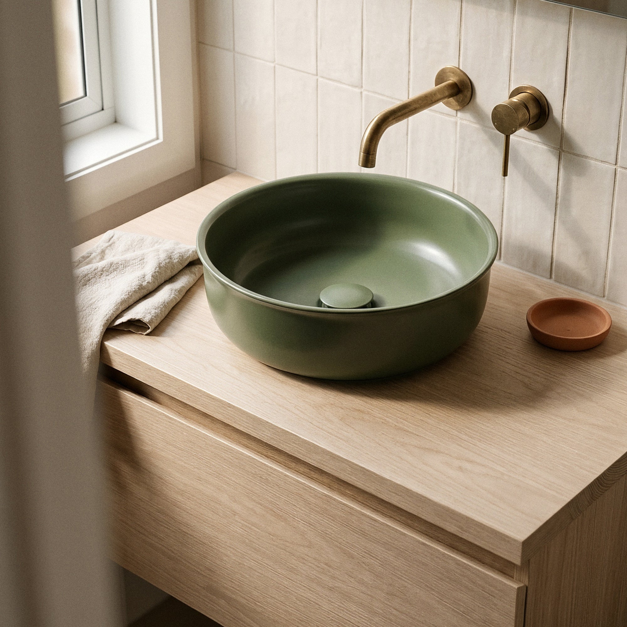 Classic 36cm Ceramic Round Counter Top Basin, Matte Olive Green