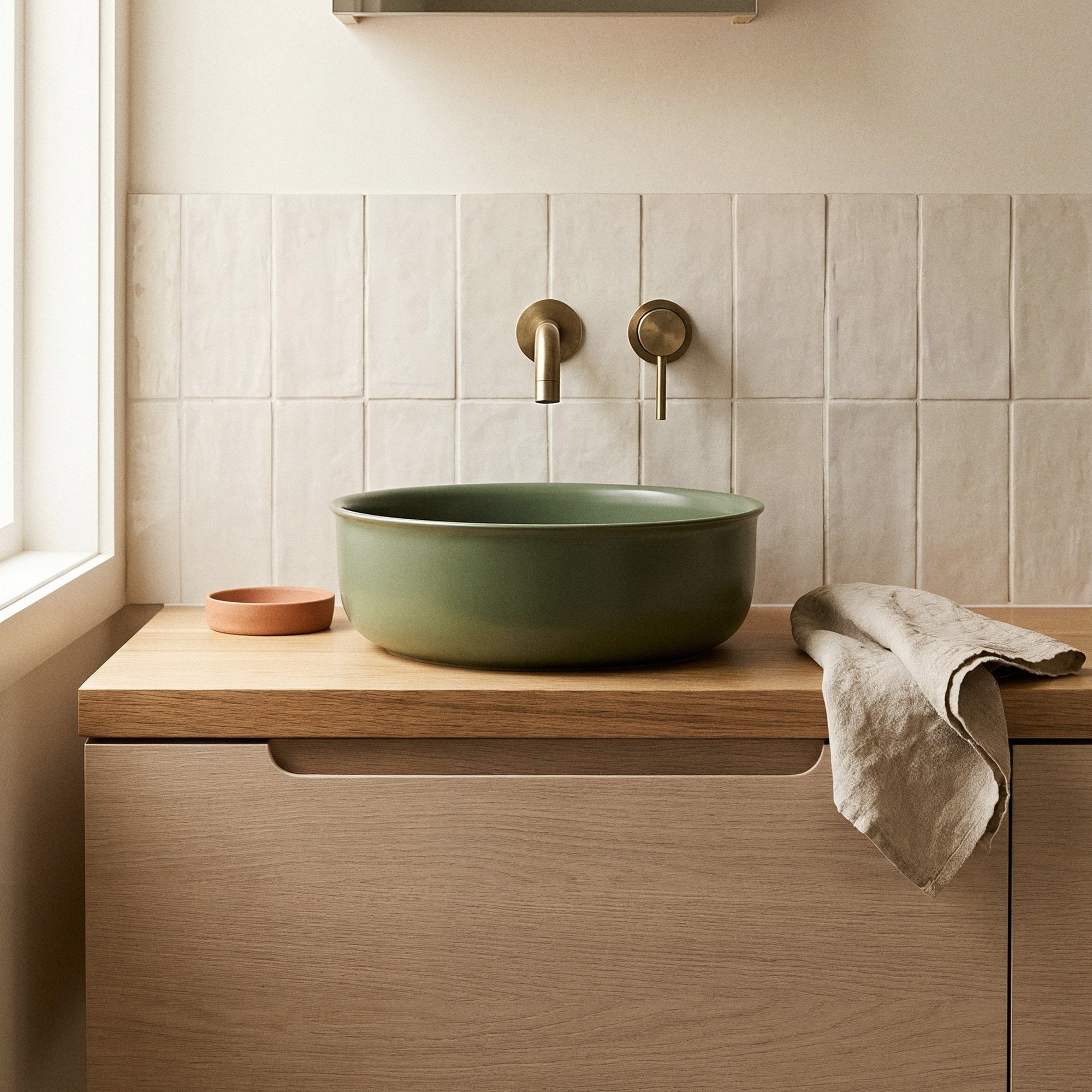 Classic 36cm Ceramic Round Counter Top Basin, Matte Olive Green