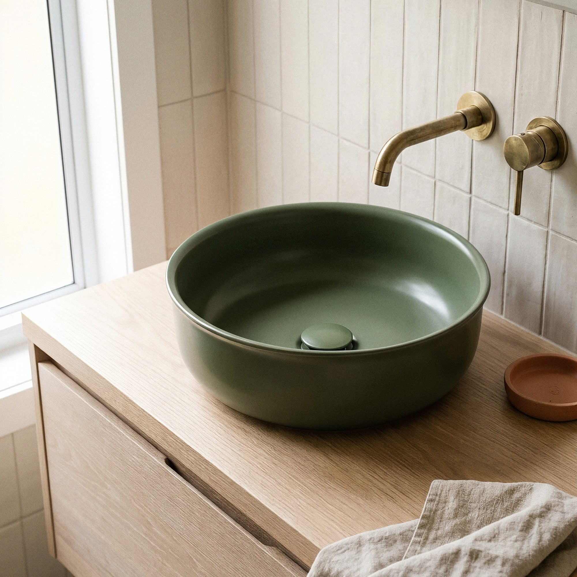 Ceramic Basin Pop-Up Waste, Matte Olive Green