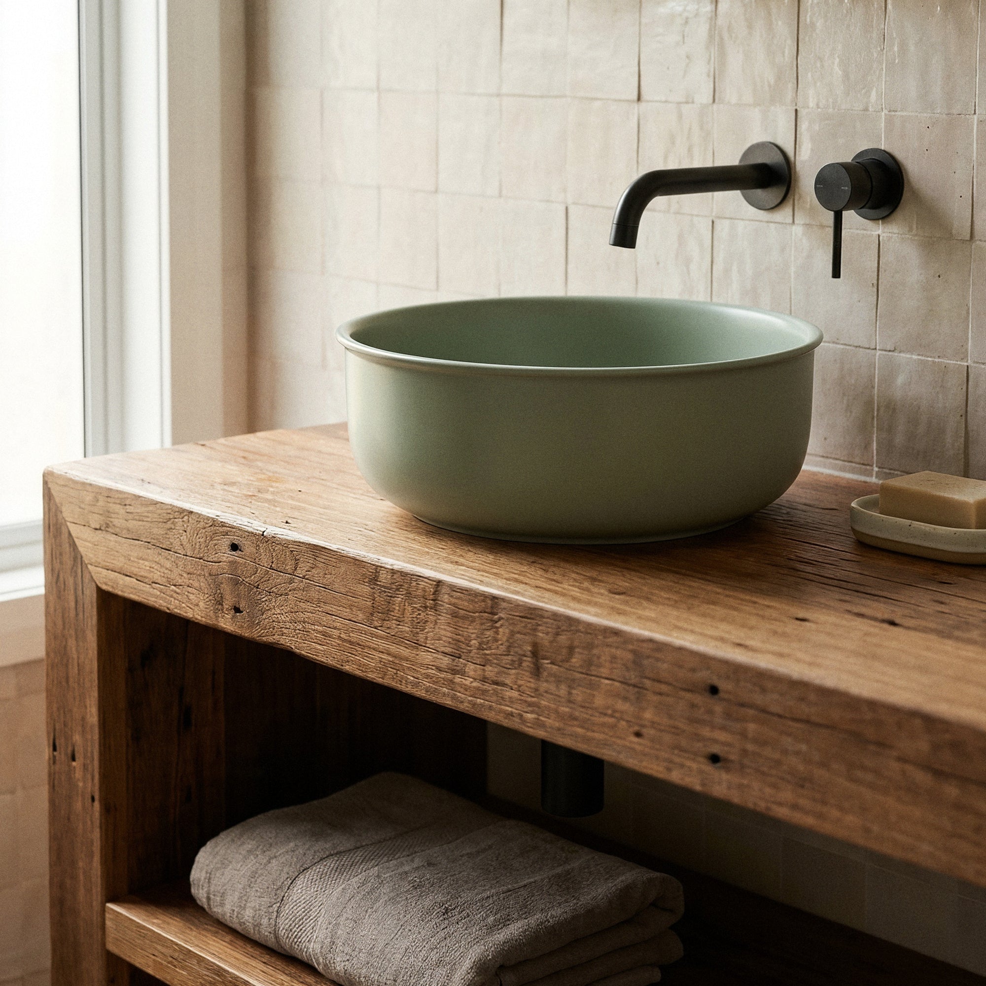 Classic 36cm Ceramic Round Counter Top Basin, Matte Sage Green