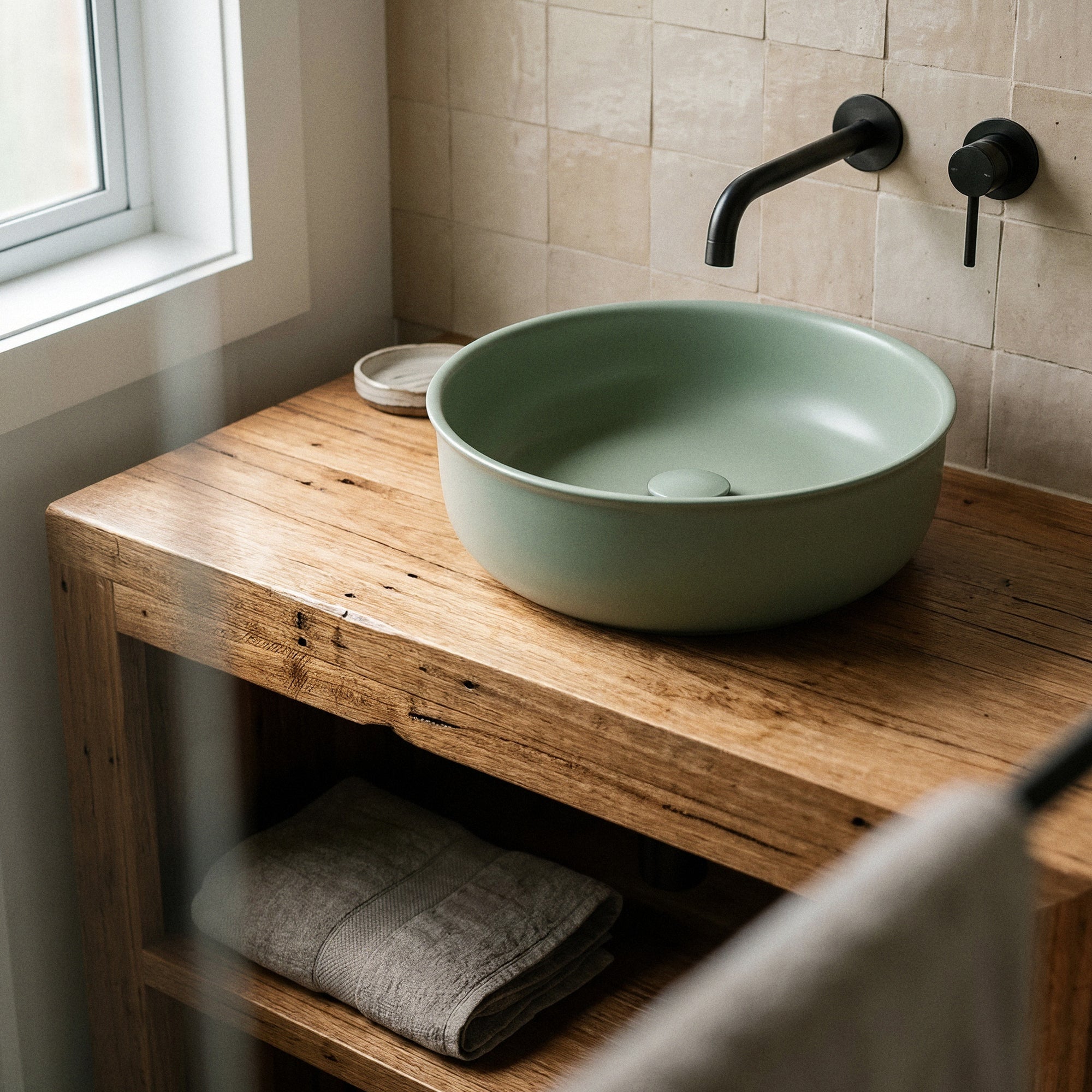 Classic 36cm Ceramic Round Counter Top Basin, Matte Sage Green