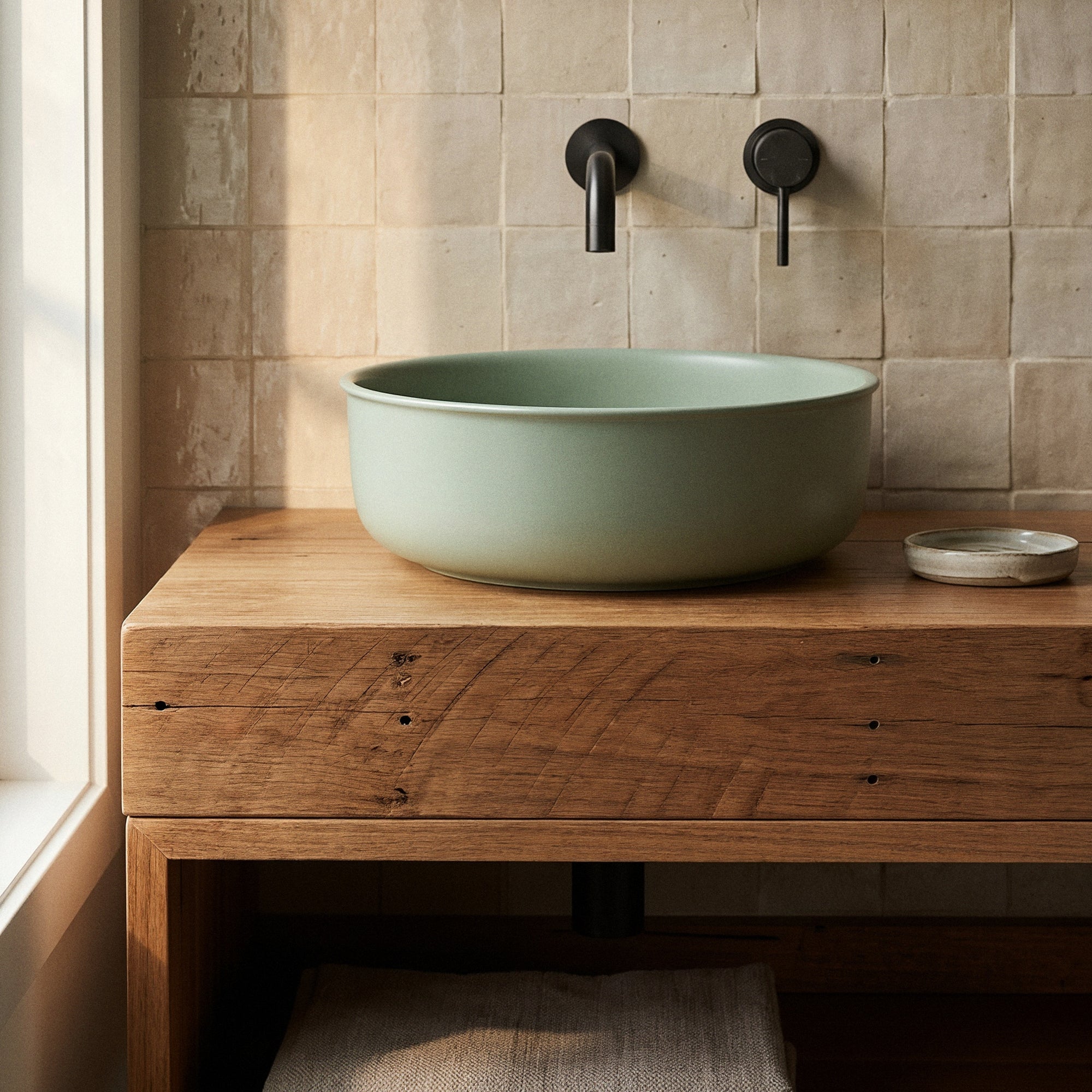 Classic 36cm Ceramic Round Counter Top Basin, Matte Sage Green
