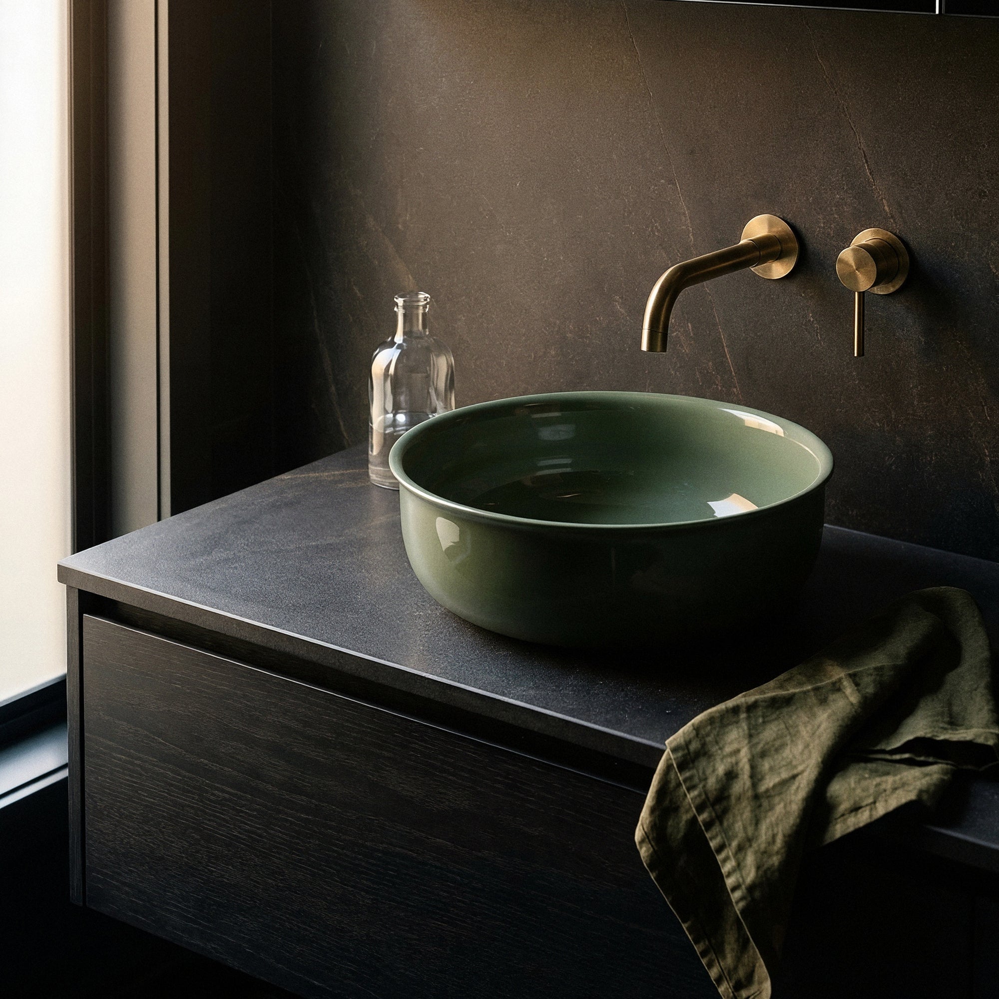 Classic 36cm Ceramic Round Counter Top Basin, Gloss Olive Green