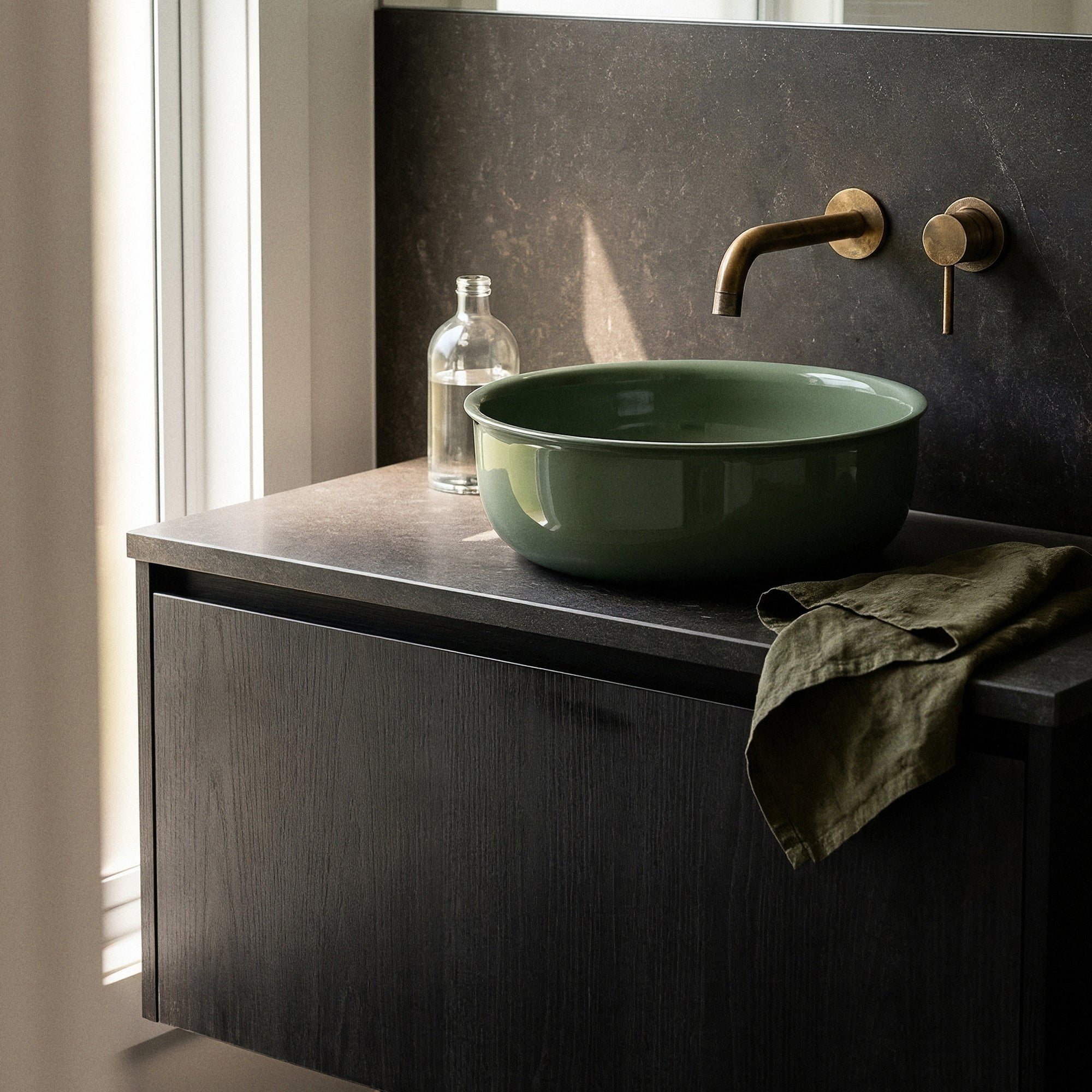 Classic 36cm Ceramic Round Counter Top Basin, Gloss Olive Green