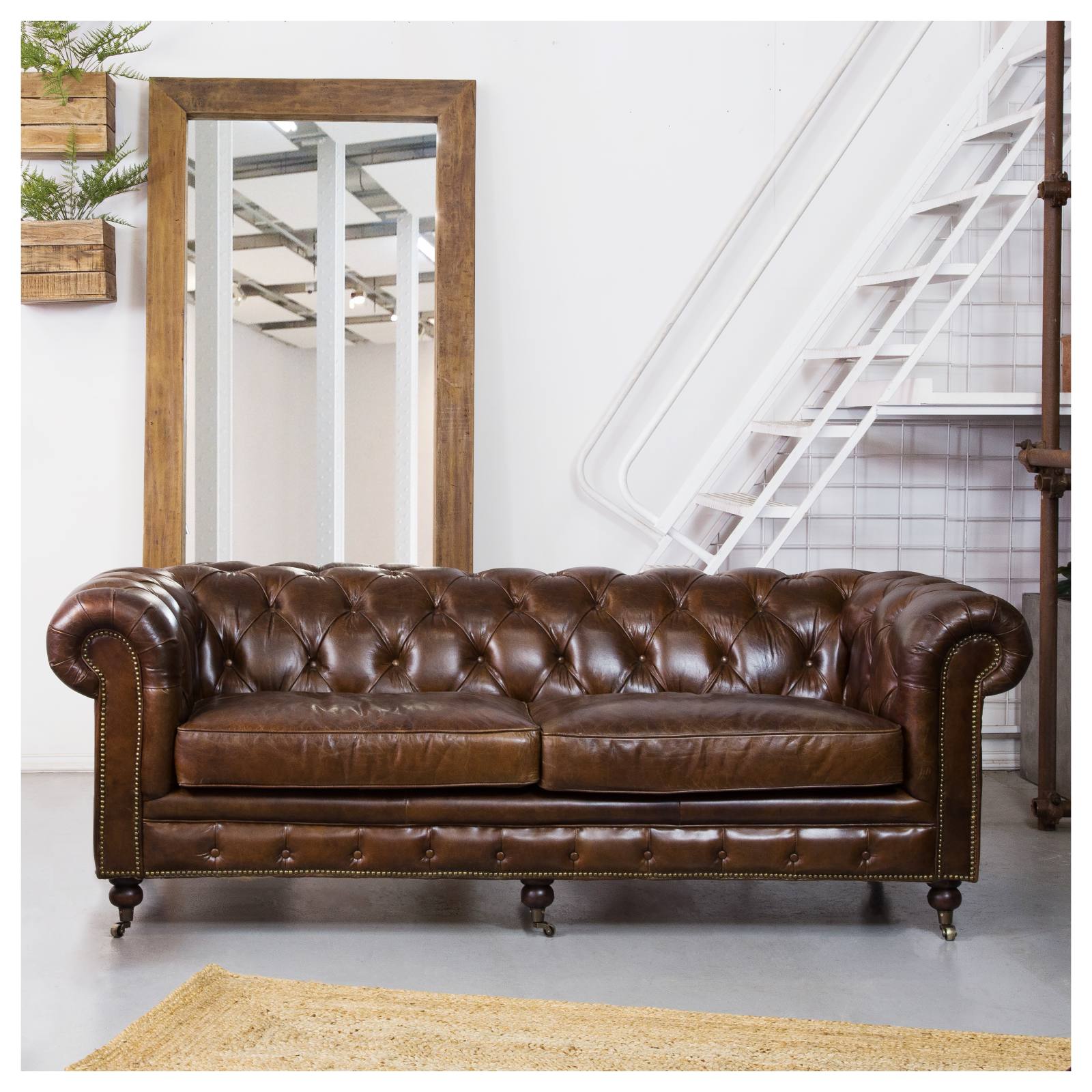 Sheffield 3 Seater Leather Sofa, Vintage Cigar