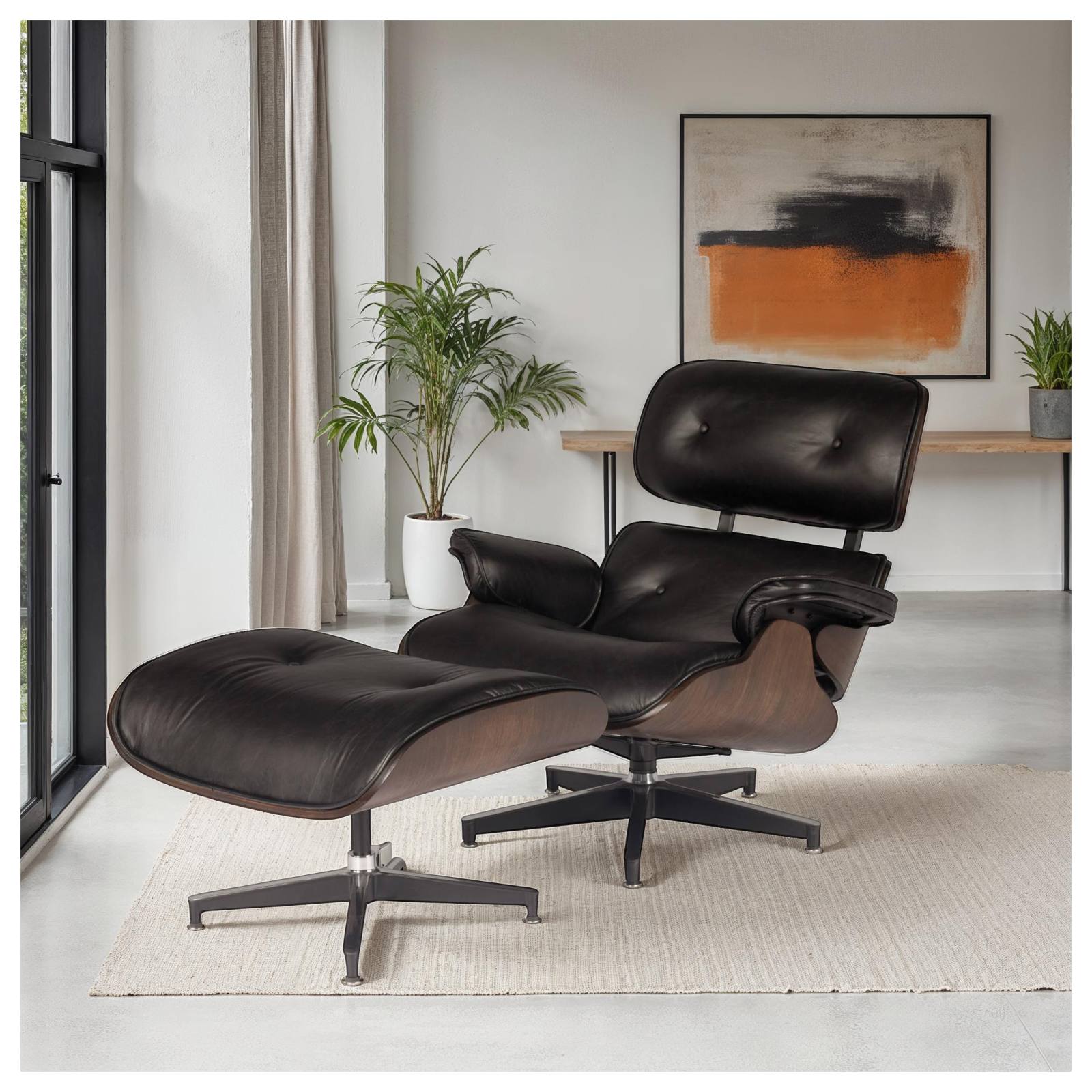 Eames Replica Leather Lounge Chair & Ottoman, Black