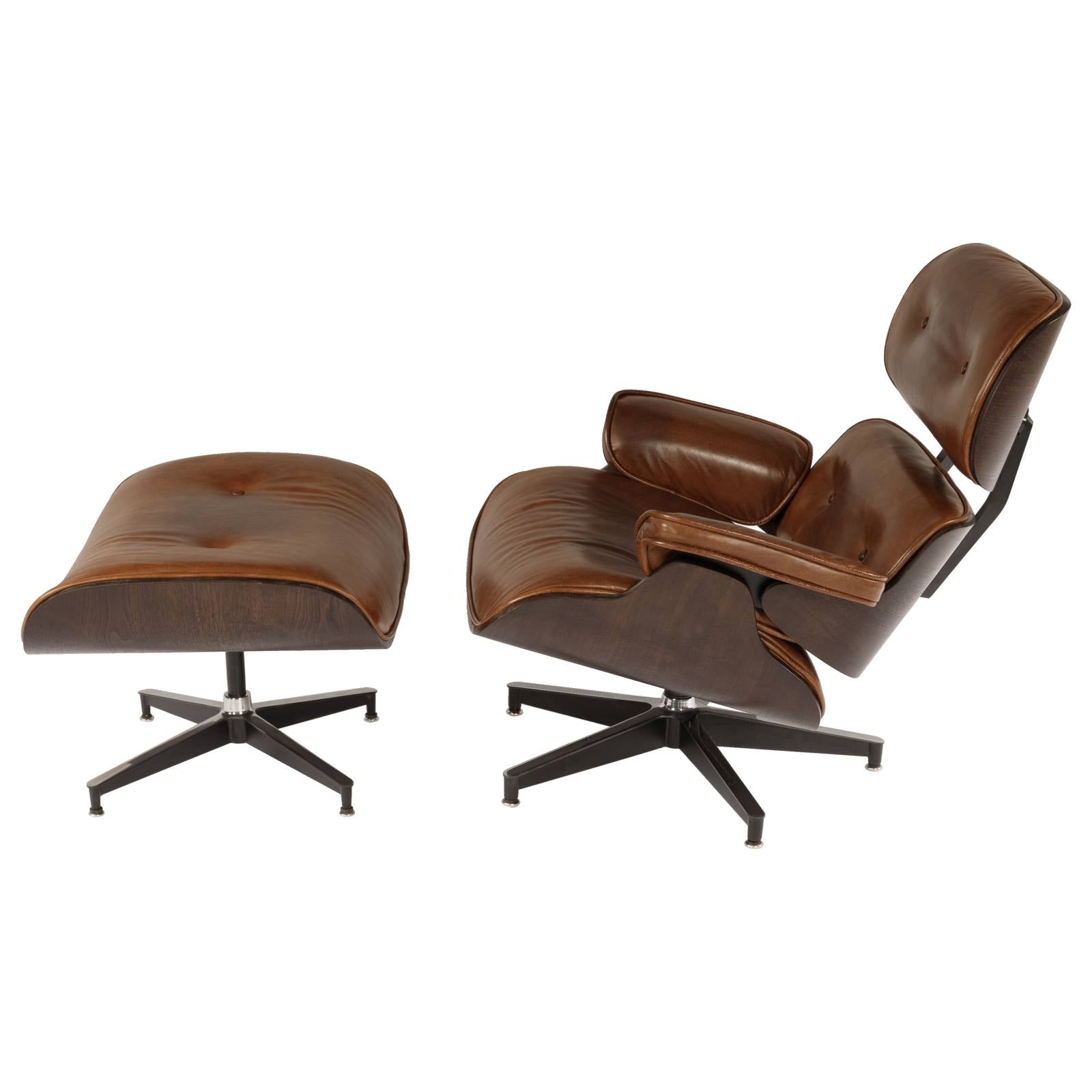 Eames Replica Leather Lounge Chair & Ottoman, Vintage Whiskey