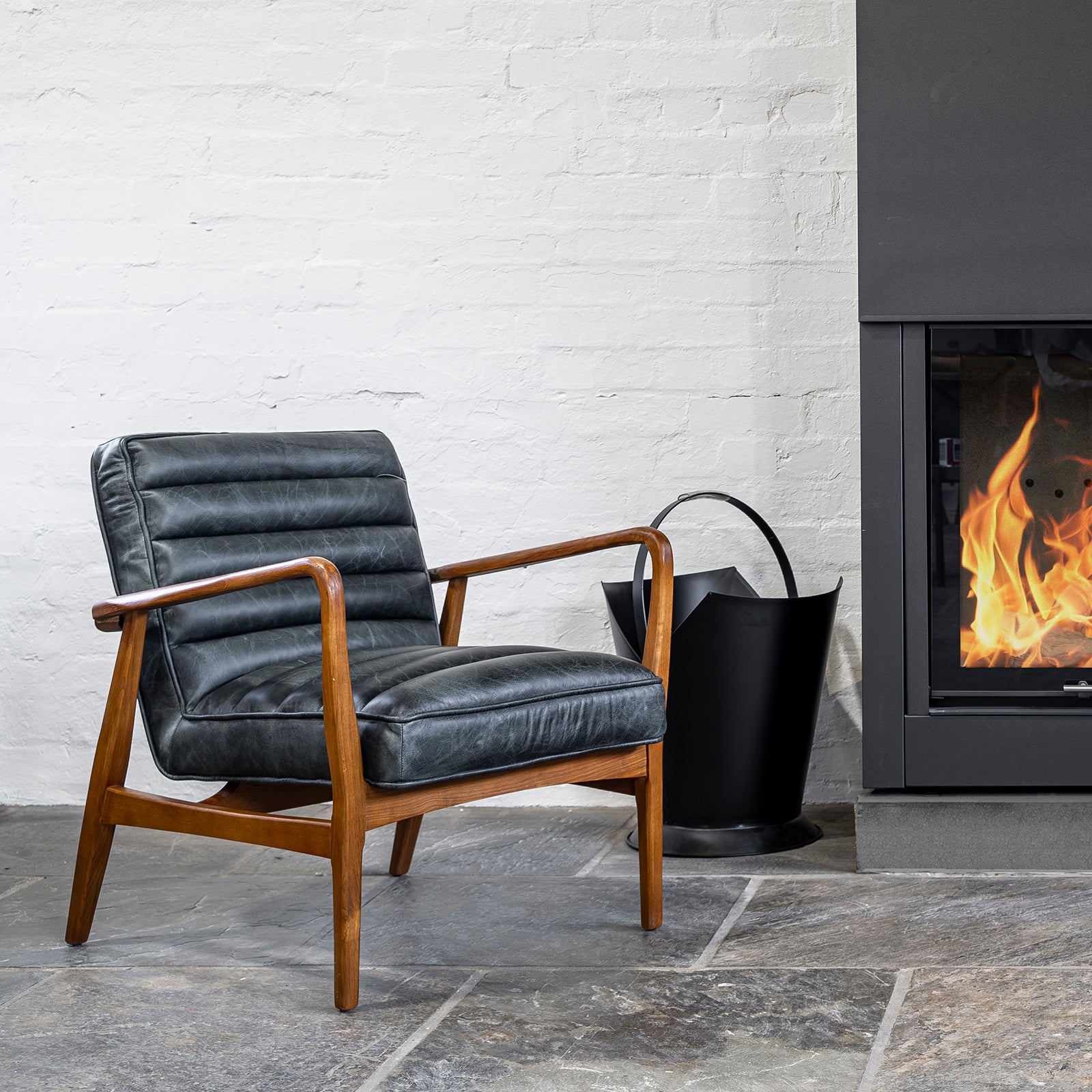 Panton Leather & Oak Armchair, Vintage Black