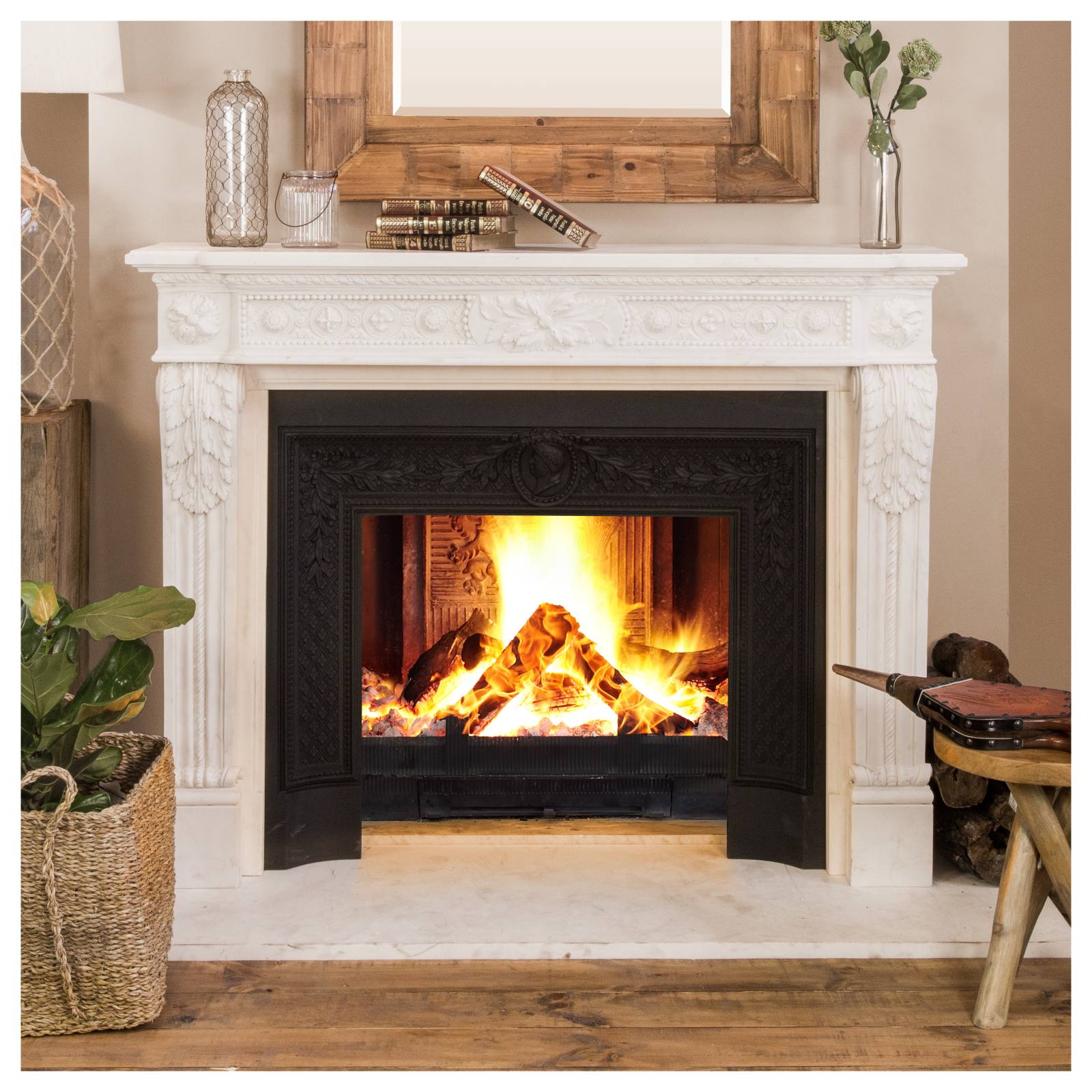 Louis XVI Marble Mantel with Central Flowers, Statuary White