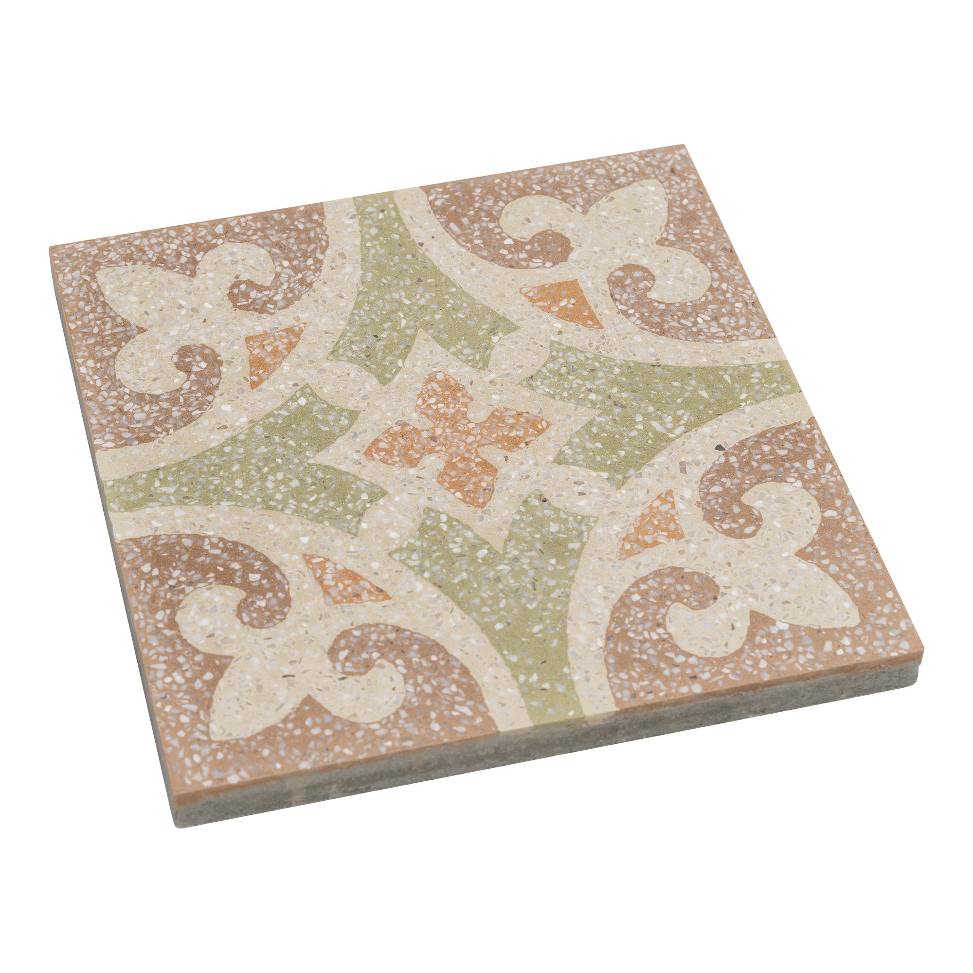 Louis Terrazzo 20x20x1.6 Encaustic Tile with Chips, Stone  Green & Burgundy