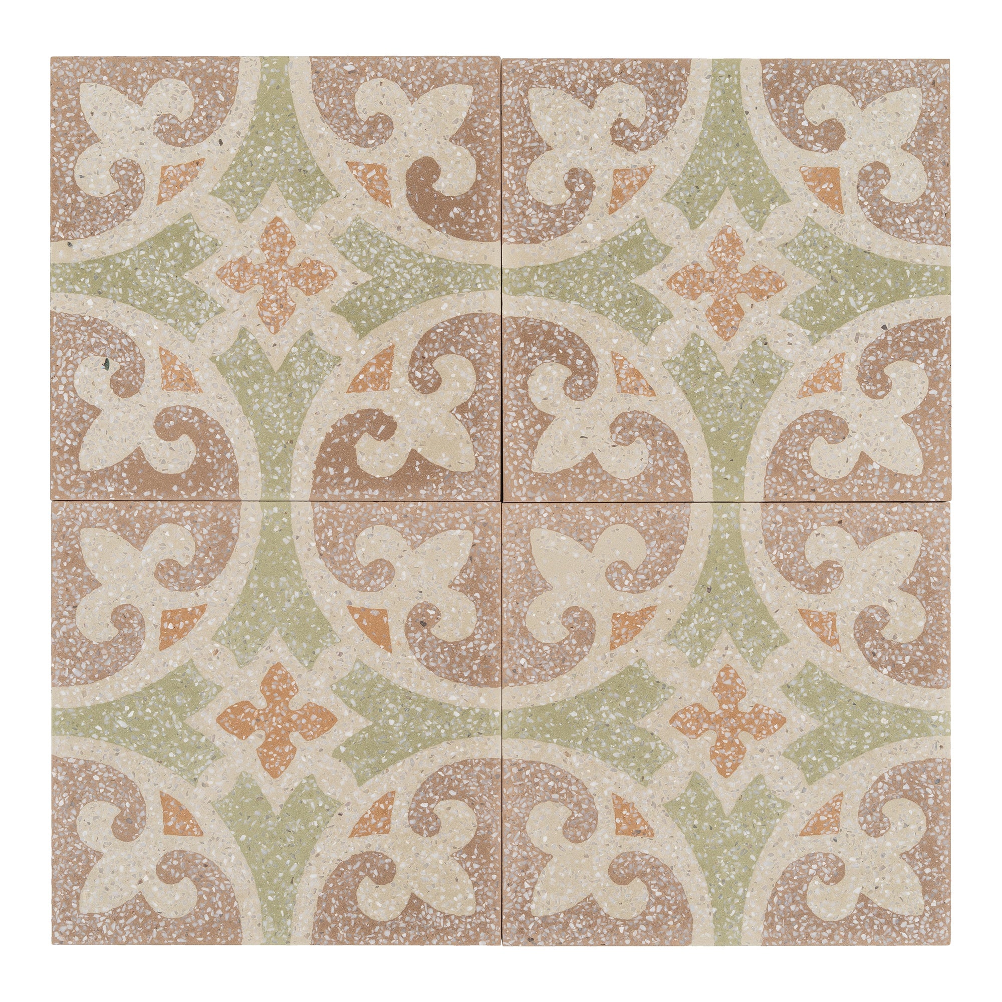 Louis Terrazzo 20x20x1.6 Encaustic Tile with Chips, Stone  Green & Burgundy