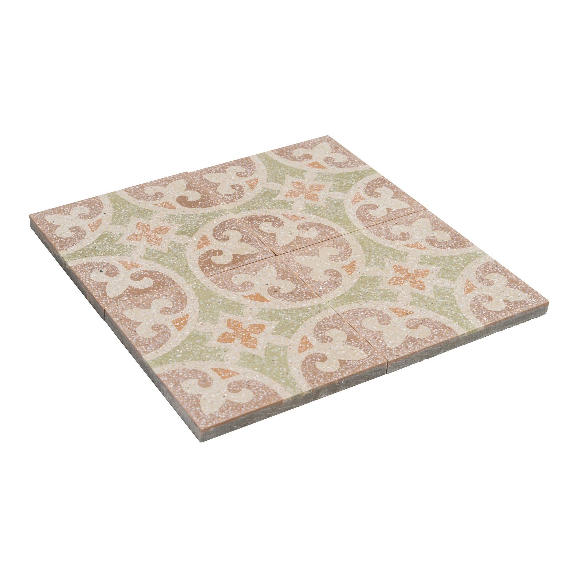 Louis Terrazzo 20x20x1.6 Encaustic Tile with Chips, Stone  Green & Burgundy