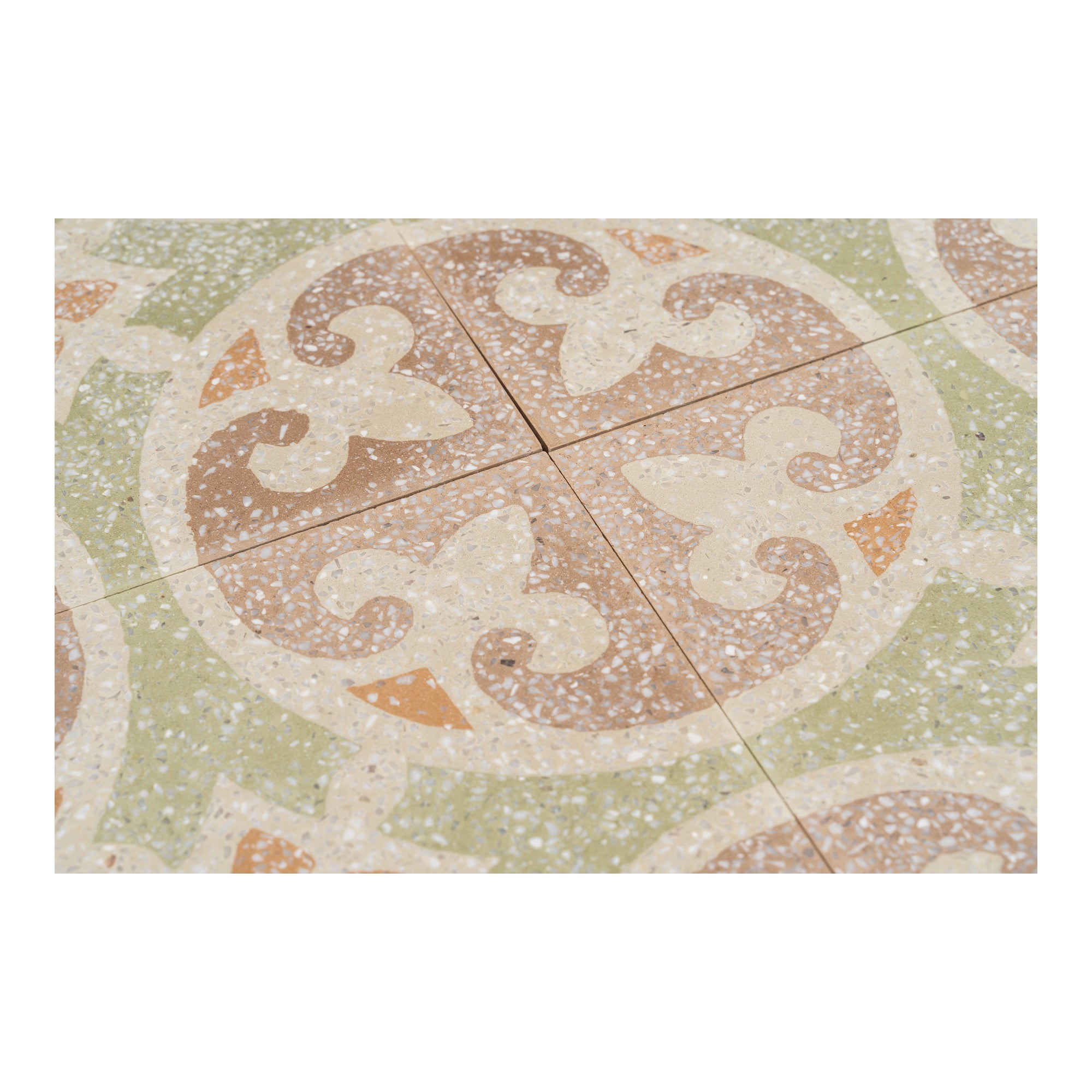 Louis Terrazzo 20x20x1.6 Encaustic Tile with Chips, Stone  Green & Burgundy
