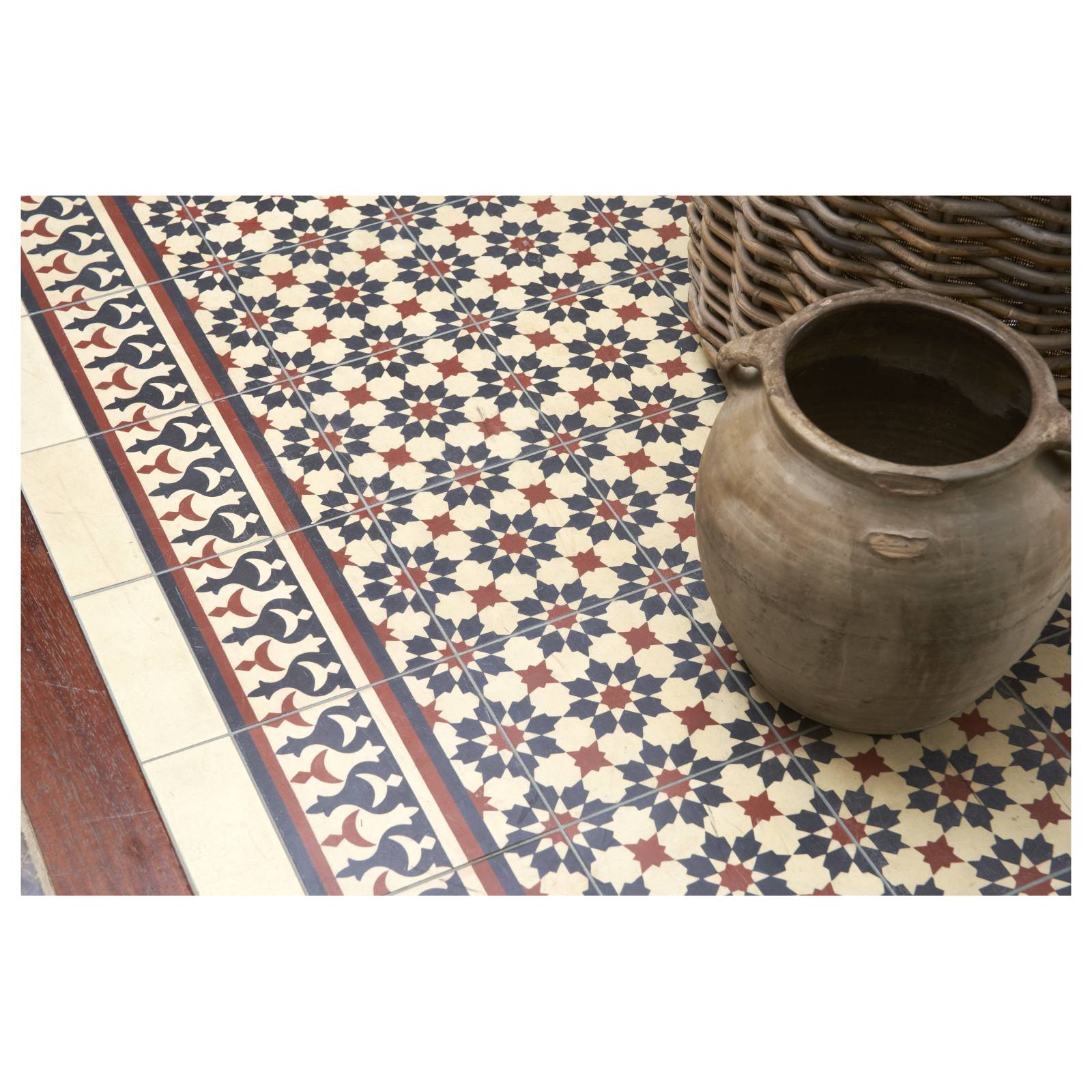 Toulon 20x20cm Border Encaustic Tile, Grey Beige & Red