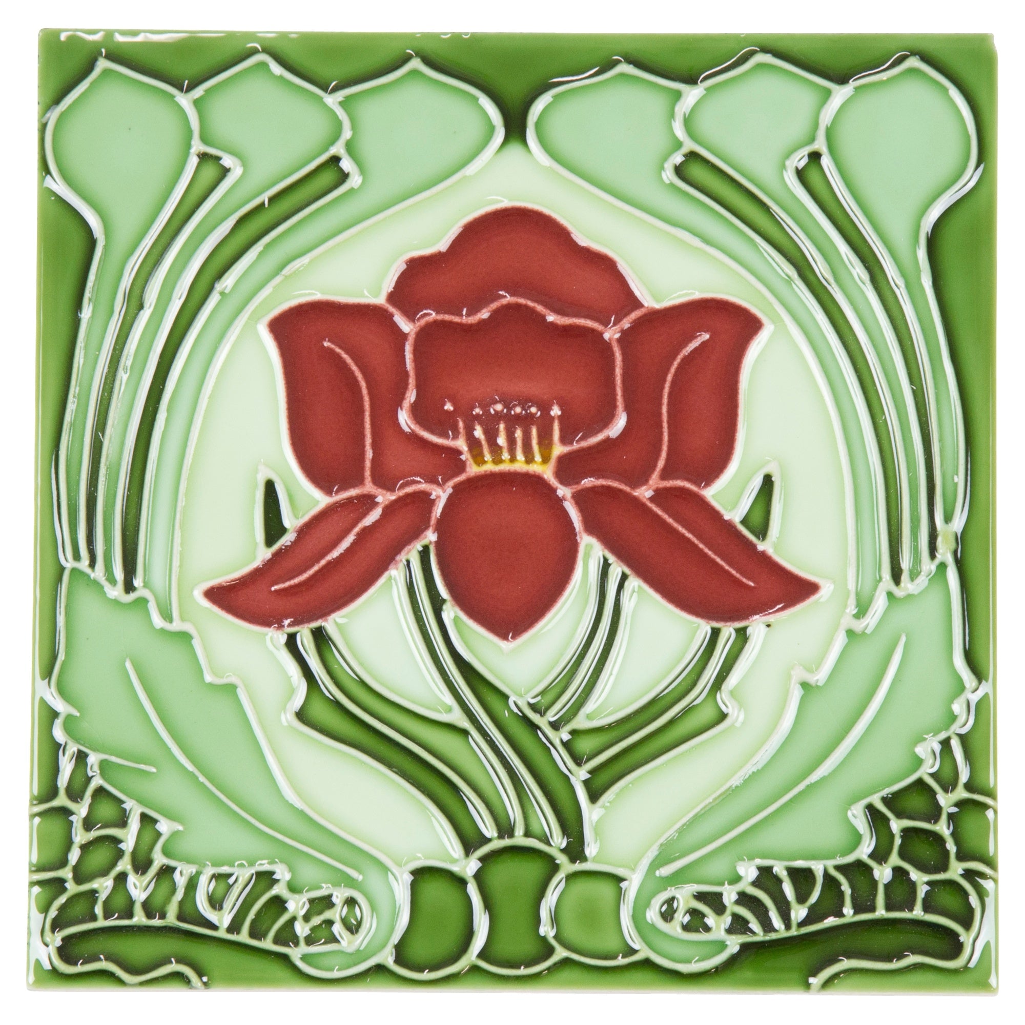 T38 Floral Tile 15.2 x 15.2cm, Burgundy On Green