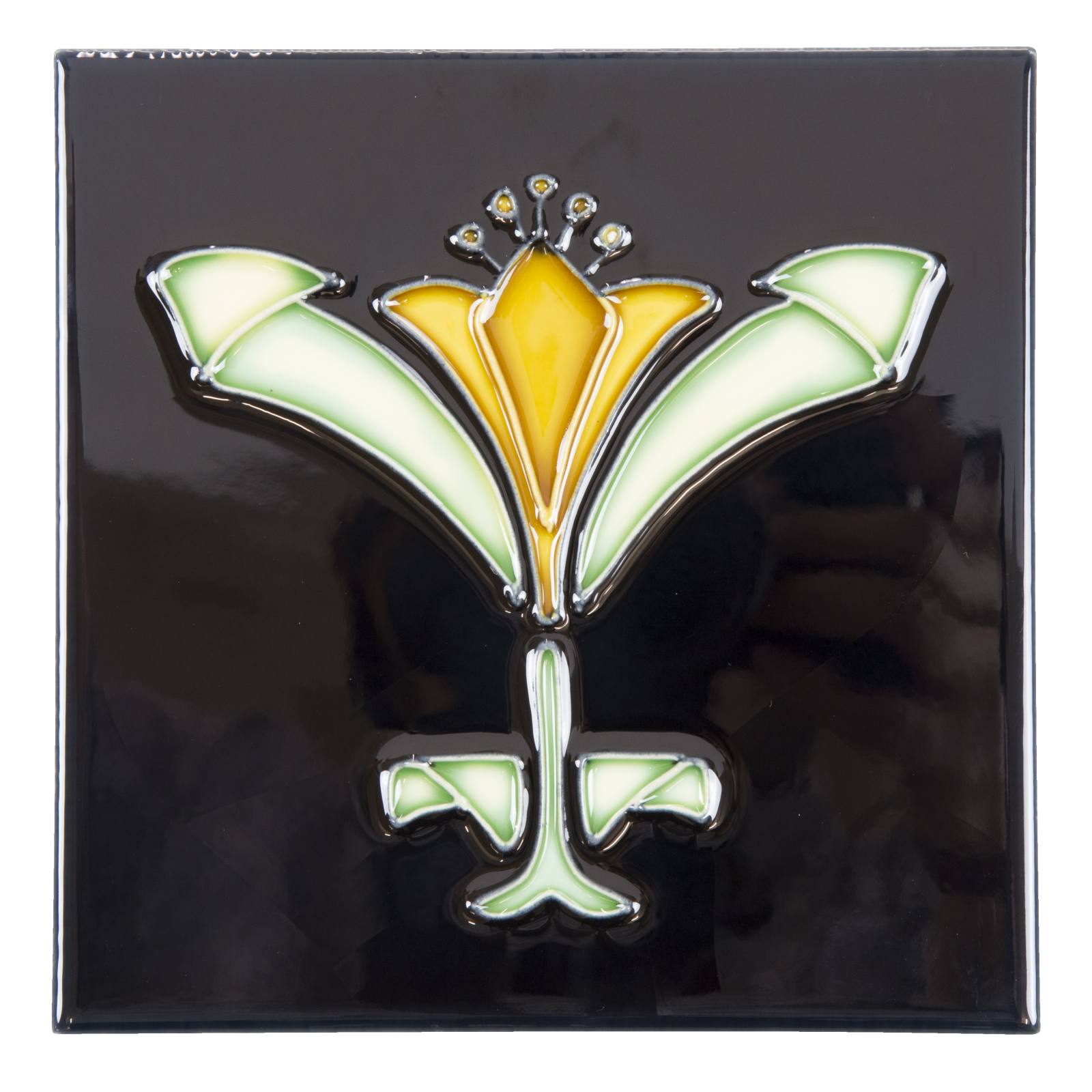 Floral 15.2 x 15.2cm Tile, Glazed Yellow On Black