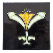 Floral 15.2 x 15.2cm Tile, Glazed Yellow On Black