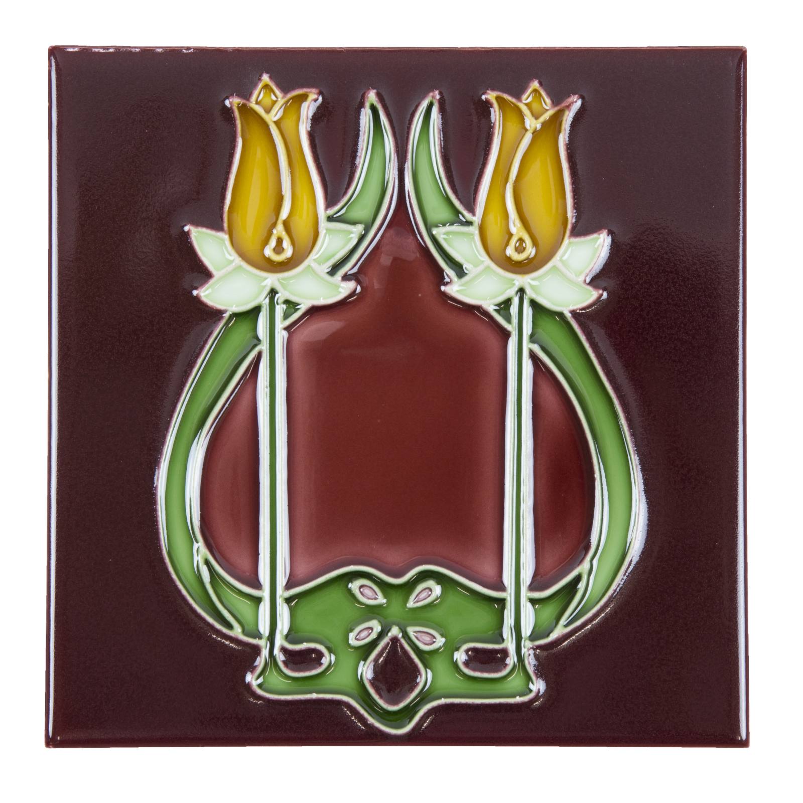 Floral 15.2 x 15.2cm Tile, Glazed Yellow & Burgundy