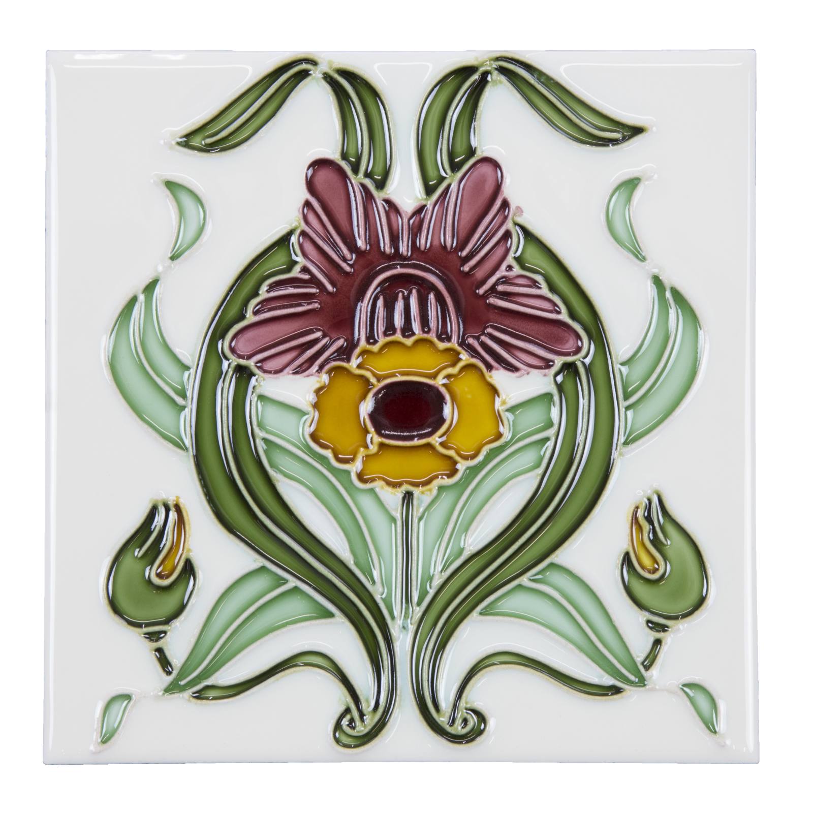 Floral 15.2 x 15.2cm Tile, Yellow Burgundy on White