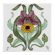 Floral 15.2 x 15.2cm Tile, Yellow Burgundy on White