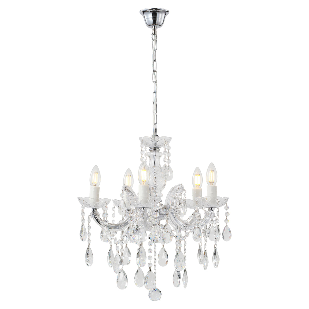 Zurich 5 Light Crystal Glass Chandelier, Clear Chrome