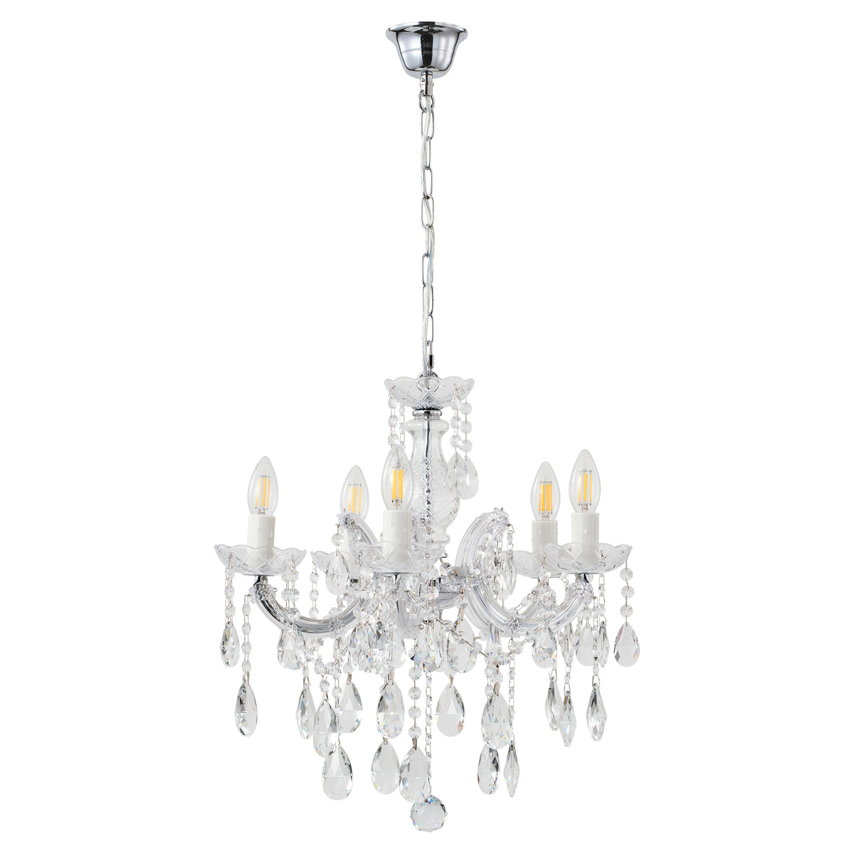 Zurich 5 Light Crystal Glass Chandelier, Clear Chrome