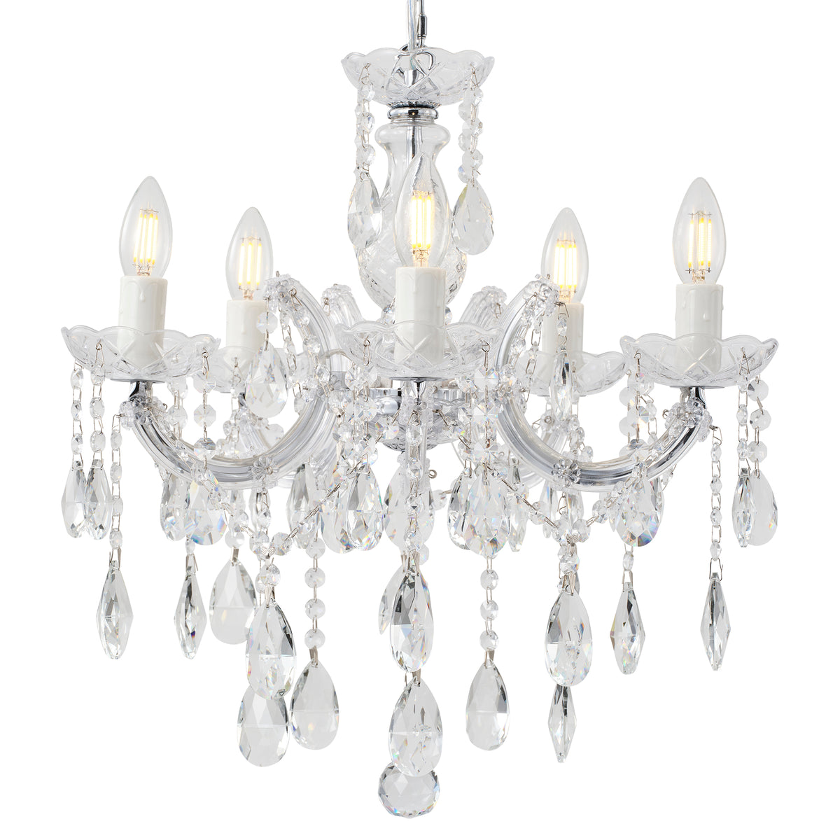 Zurich 5 Light Crystal Glass Chandelier, Clear Chrome