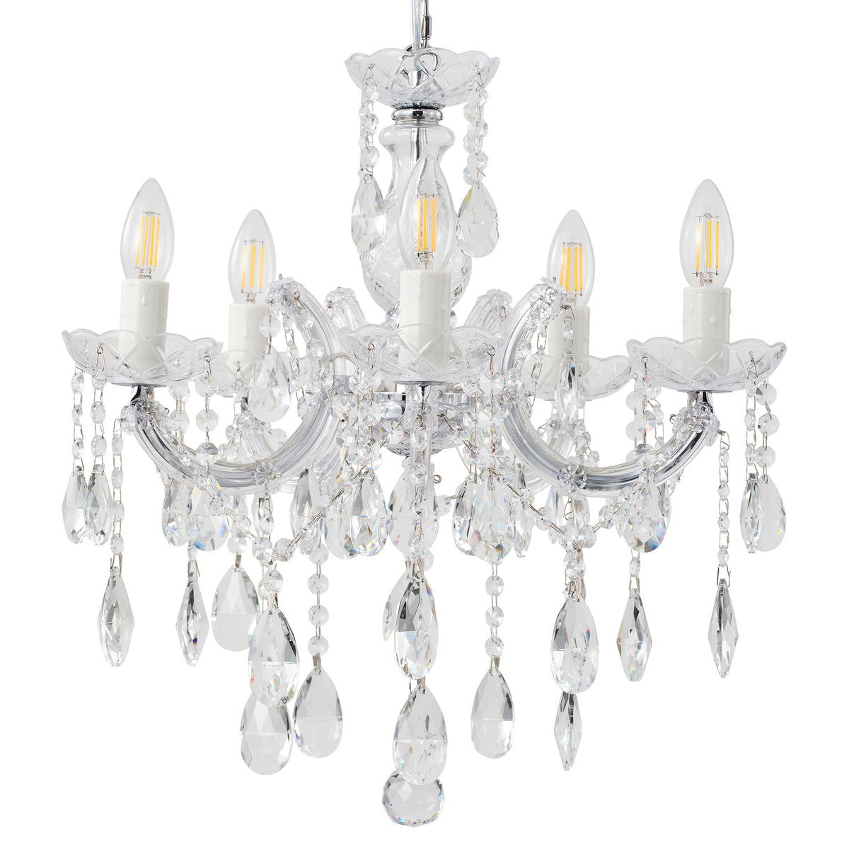 Zurich 5 Light Crystal Glass Chandelier, Clear Chrome