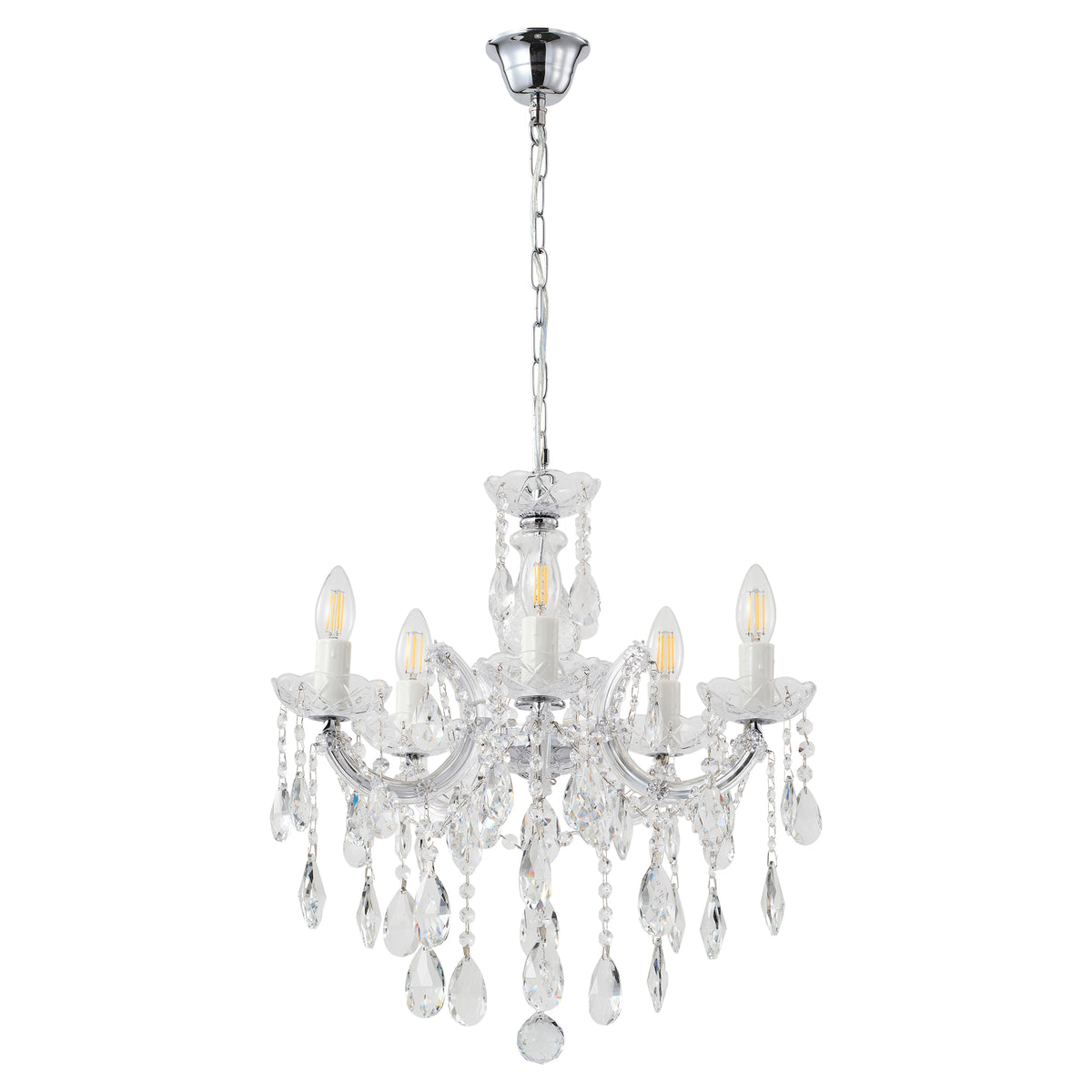 Zurich 5 Light Crystal Glass Chandelier, Clear Chrome