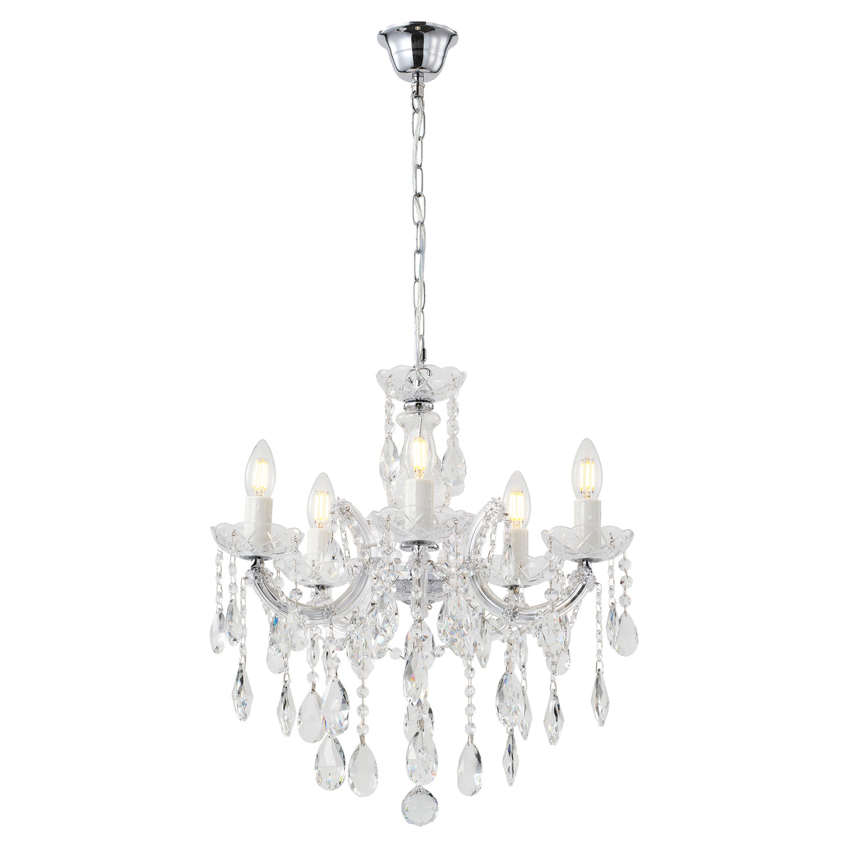 Zurich 5 Light Crystal Glass Chandelier, Clear Chrome