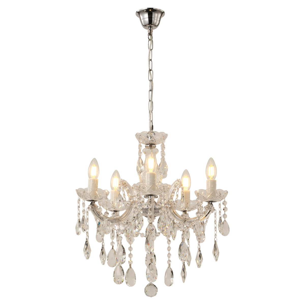 Zurich 5 Light Crystal Glass Chandelier, Clear Chrome