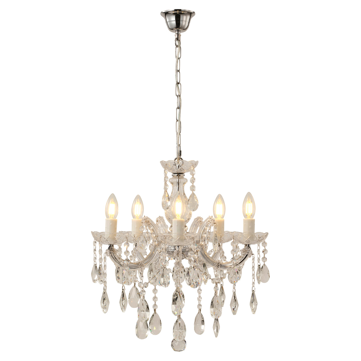Zurich 5 Light Crystal Glass Chandelier, Clear Chrome
