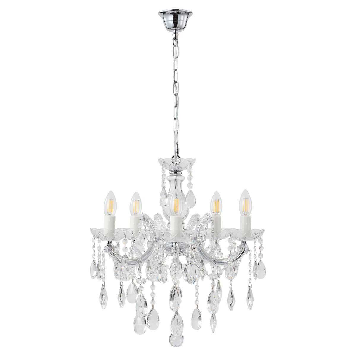Zurich 5 Light Crystal Glass Chandelier, Clear Chrome