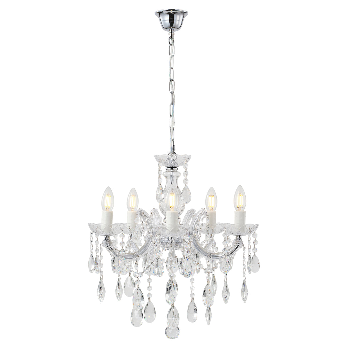 Zurich 5 Light Crystal Glass Chandelier, Clear Chrome