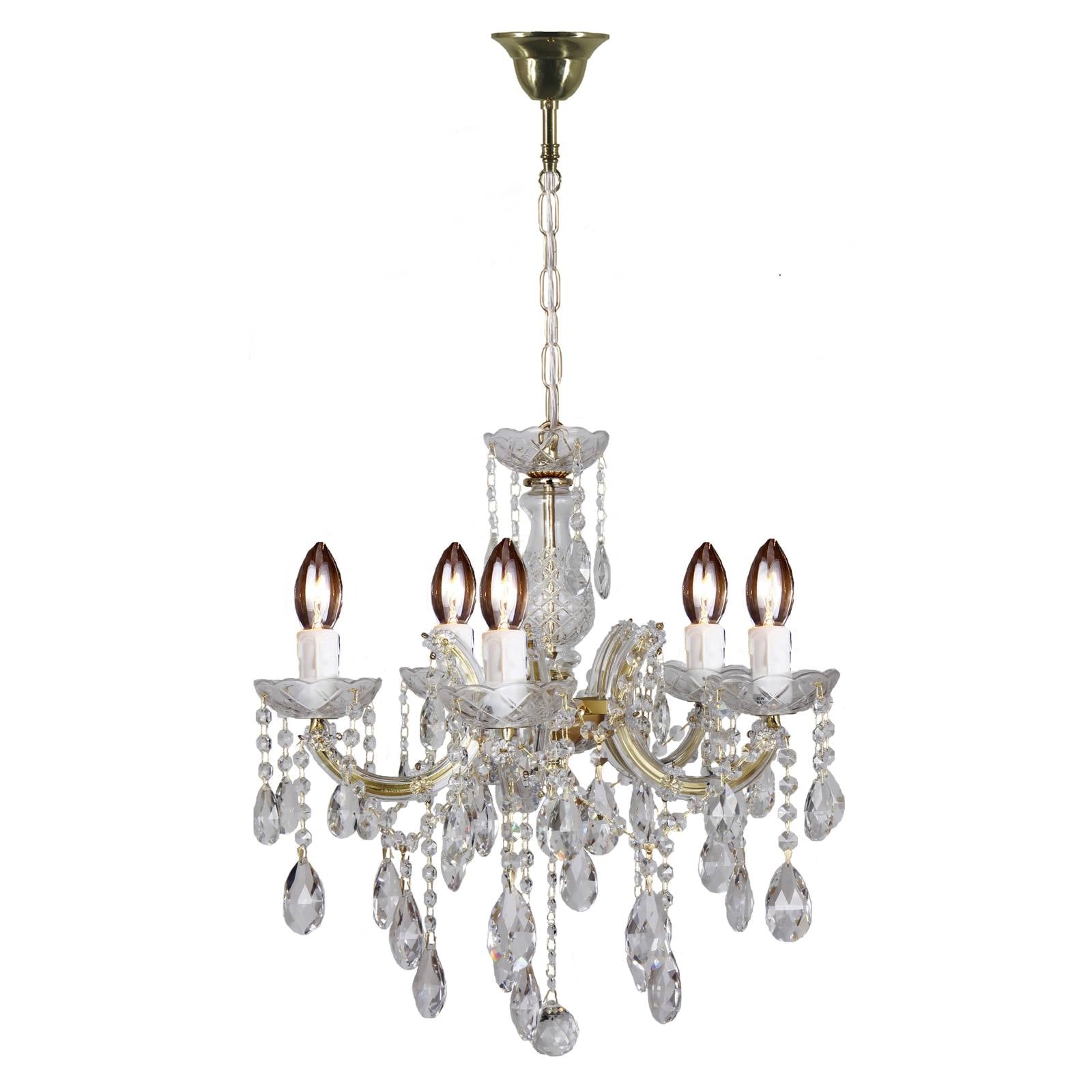 Zurich 5 Light Crystal Glass Chandelier, Gold