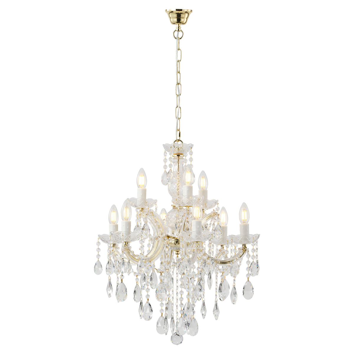 Zurich 9 Light Crystal Glass Chandelier, Gold