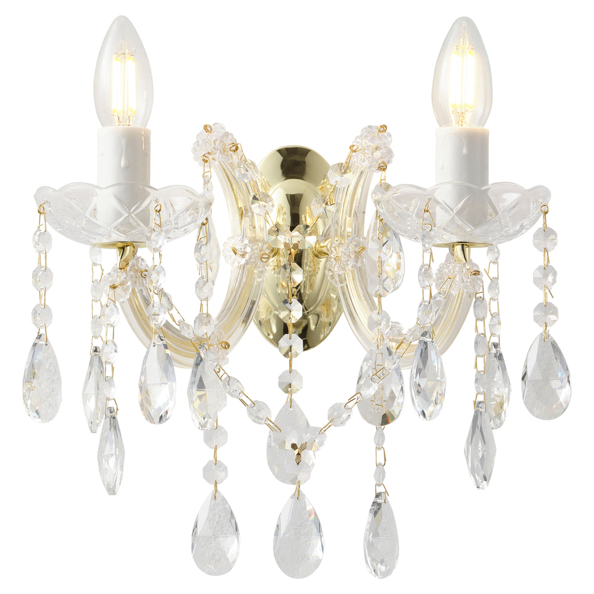 Zurich 2 Light Crystal Glass Wall Light, Gold