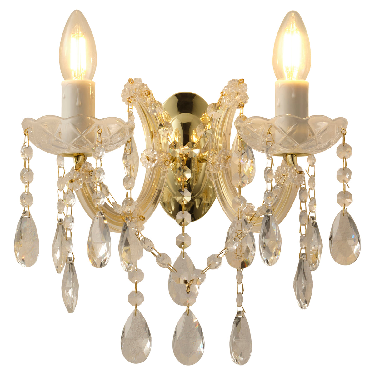 Zurich 2 Light Crystal Glass Wall Light, Gold