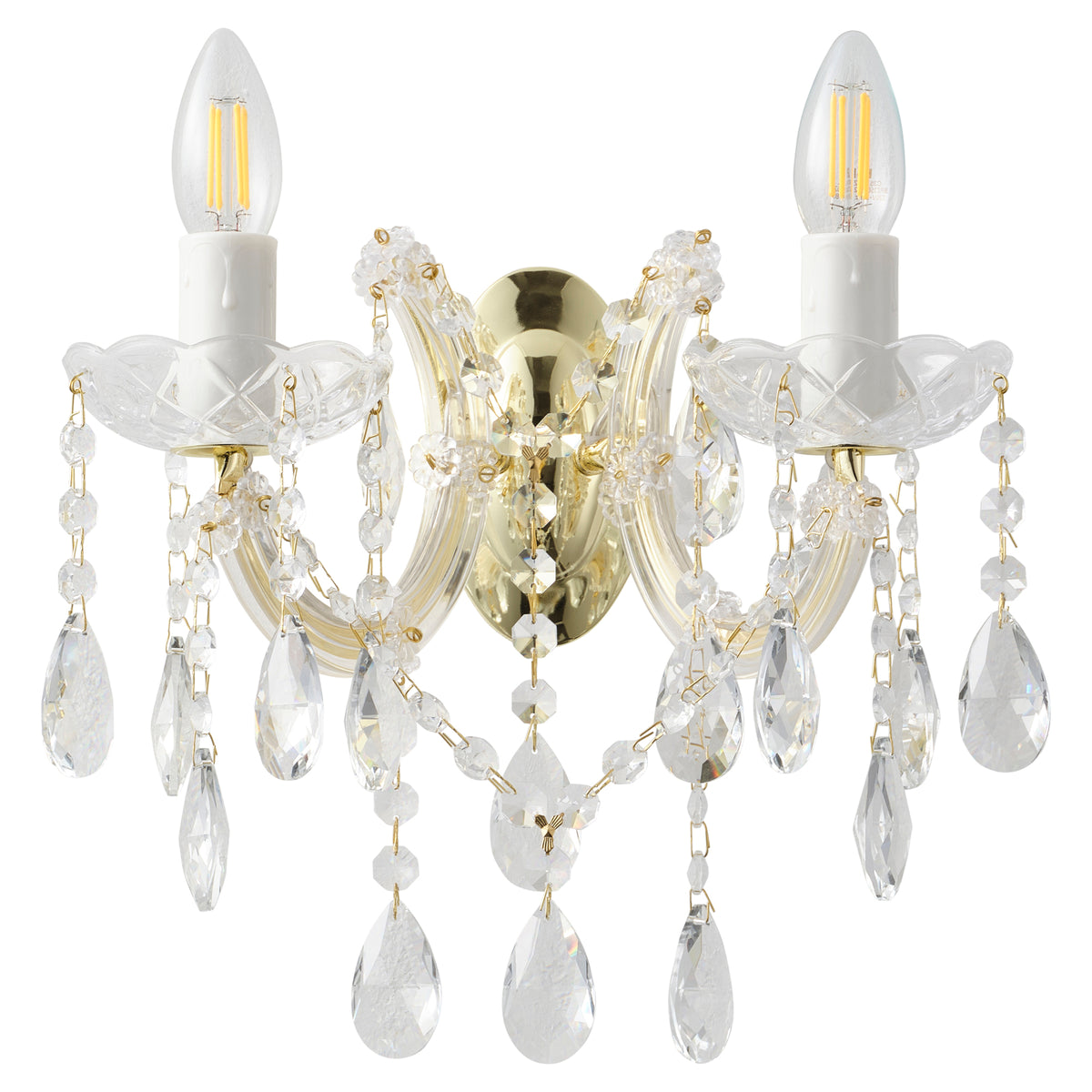 Zurich 2 Light Crystal Glass Wall Light, Gold