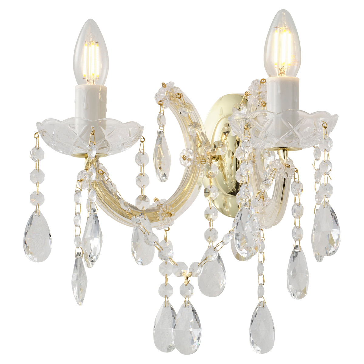 Zurich 2 Light Crystal Glass Wall Light, Gold
