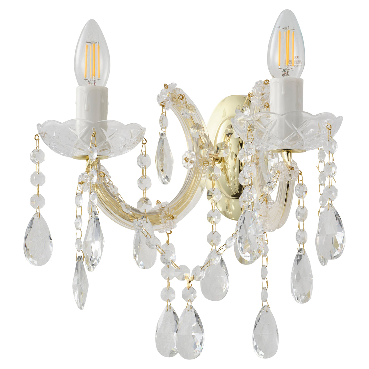 Zurich 2 Light Crystal Glass Wall Light, Gold