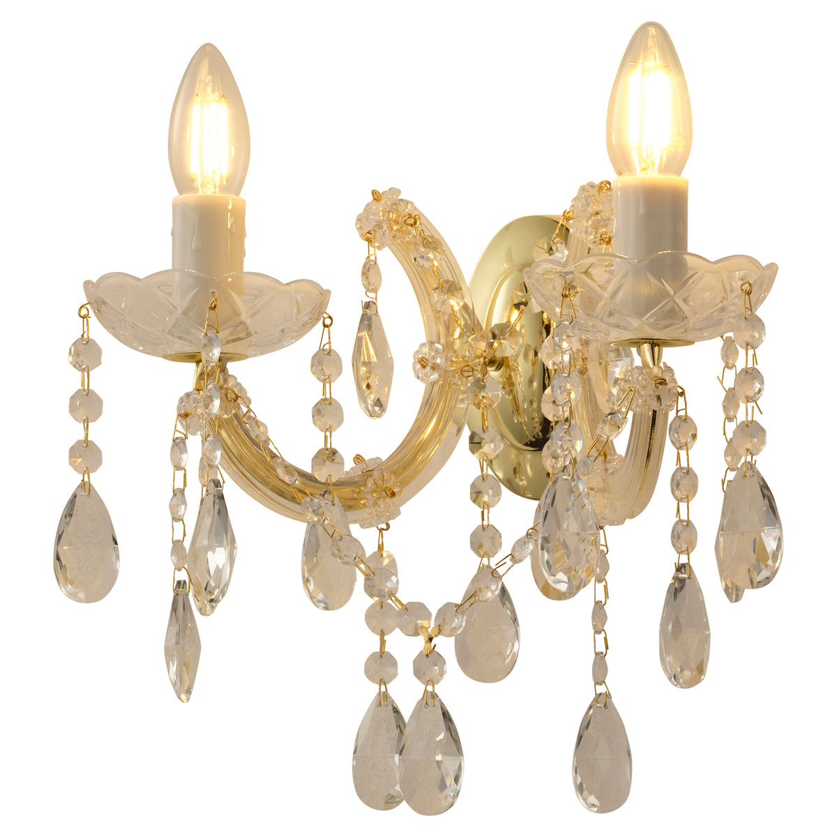 Zurich 2 Light Crystal Glass Wall Light, Gold