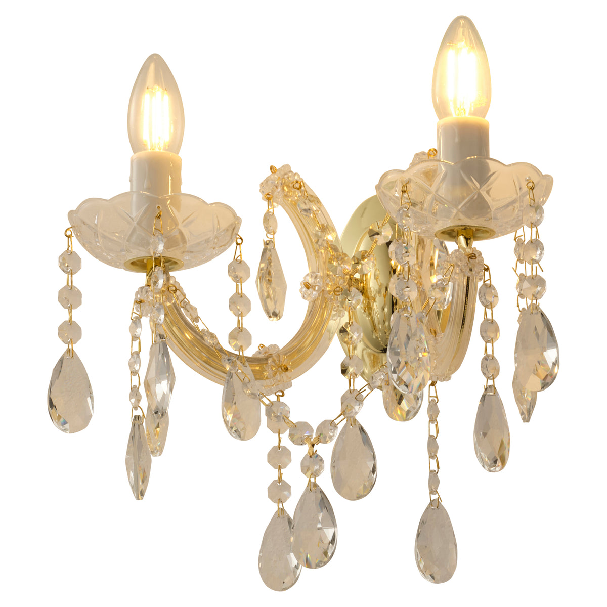 Zurich 2 Light Crystal Glass Wall Light, Gold