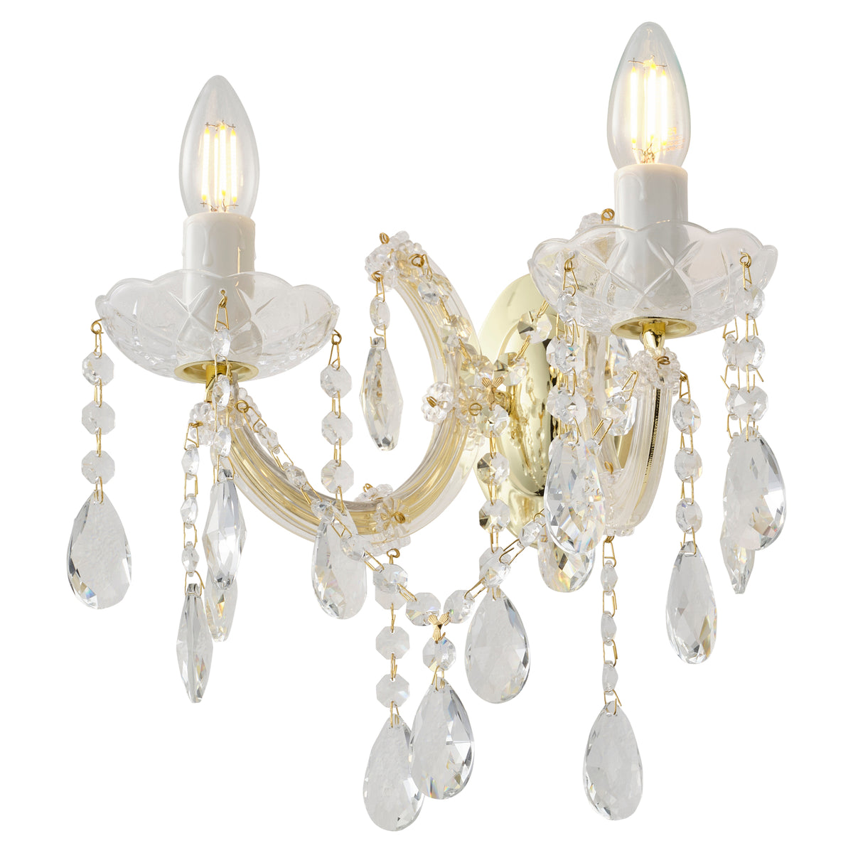 Zurich 2 Light Crystal Glass Wall Light, Gold