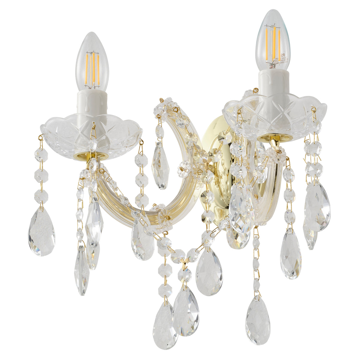 Zurich 2 Light Crystal Glass Wall Light, Gold