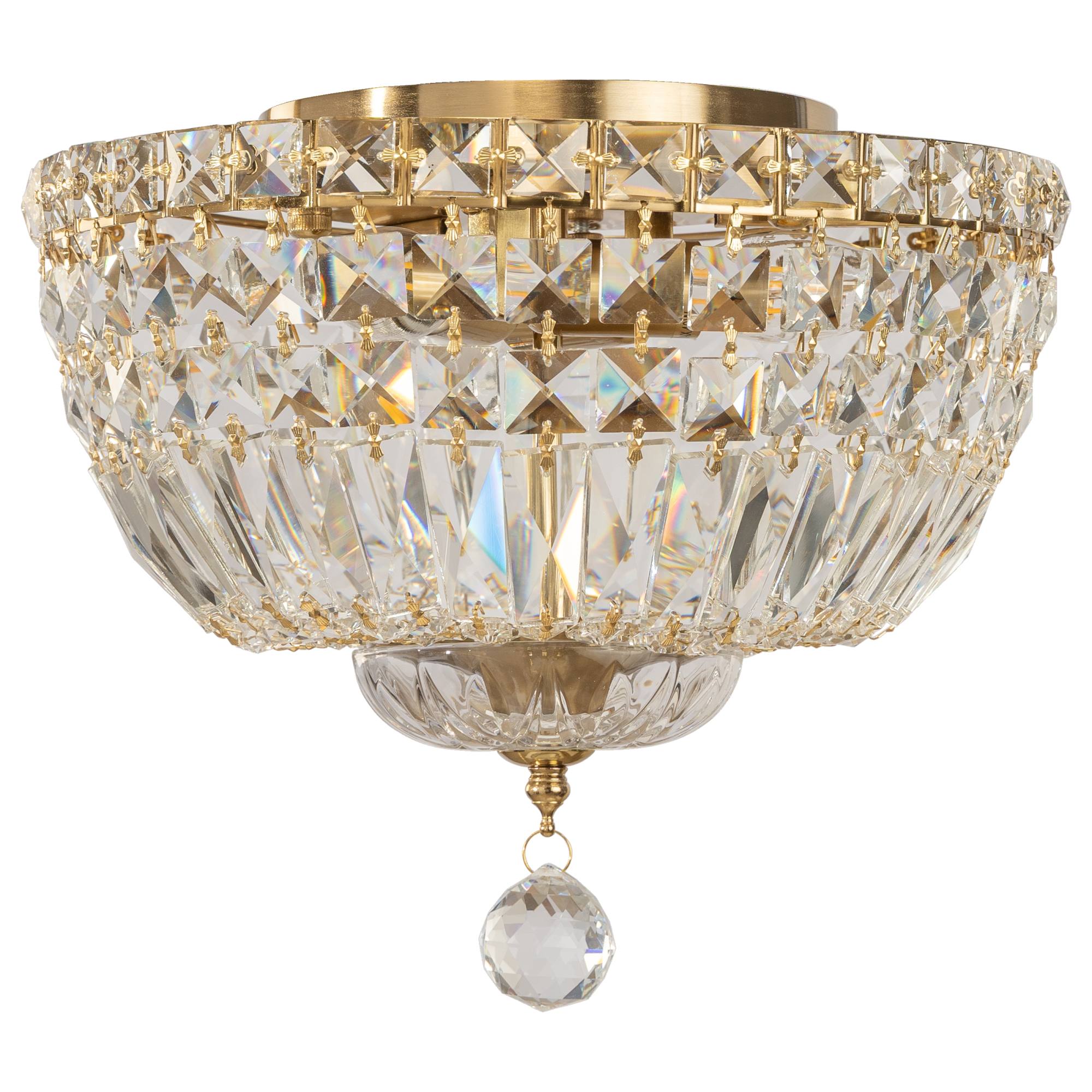 Classique Small 30cm 3 Light Flush Crystal Glass Chandelier, Satin Brass