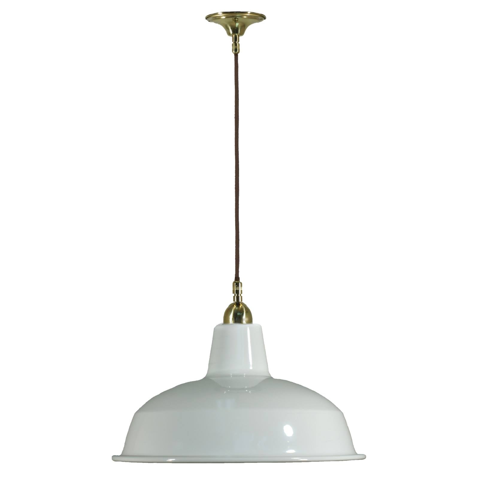 Warehouse 300mm White Metal Shade on Cloth Cord Suspension, Polished Brass